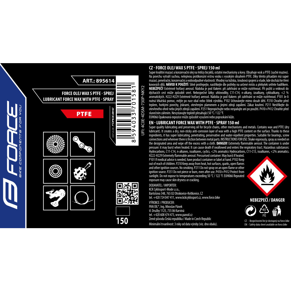 mazivo-sprej FORCE olej WAX s PTFE, 150ml