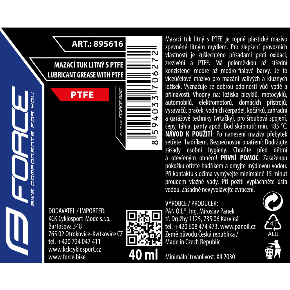 mazivo-tuba FORCE mazací tuk litný s PTFE, 40ml