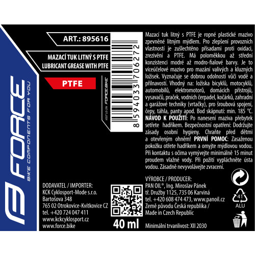 mazivo-tuba FORCE mazací tuk litný s PTFE, 40ml